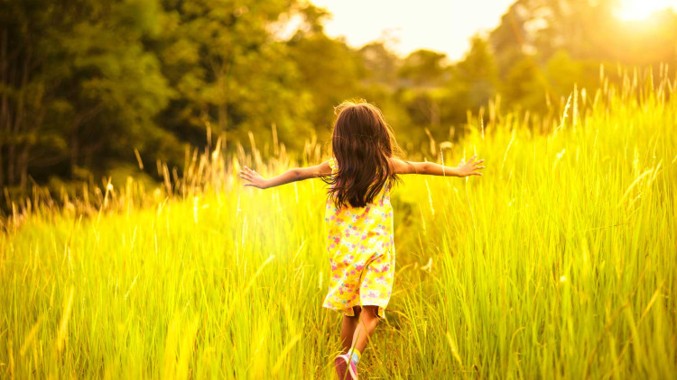 一个穿着黄色太阳裙、开着粉红色花朵的年轻女孩伸出双臂穿过一片高高的草地。