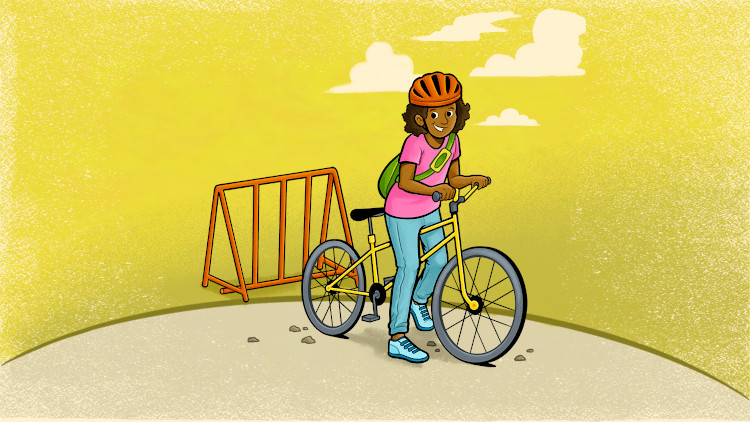 Illustration of a student wearing a helmet and using a bicycle 