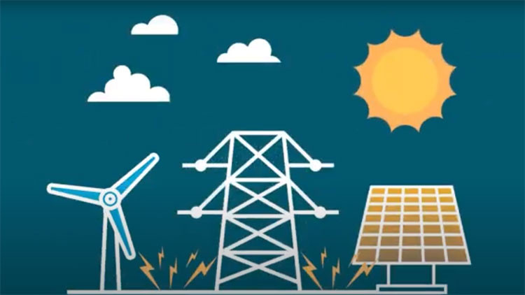 Icons of a wind turbine, power tower and solar panels.