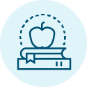 Icon of an apple sitting on a pile of books.
