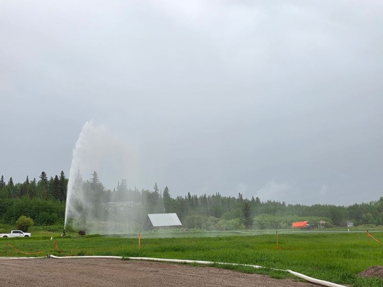 Photo of test of sprinkler system in Fort Fitzgerald, June 6, 2025.