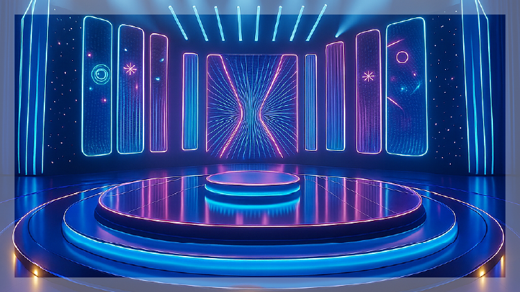 Futuristic, neon‑lit stage set with circular platforms and glowing blue and pink light panels forming an abstract, high‑tech backdrop.