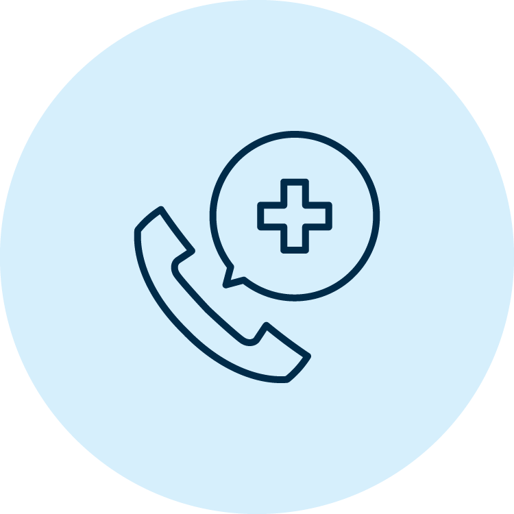 Icon of a phone with a speech bubble next to it which has a medical cross inside of it.