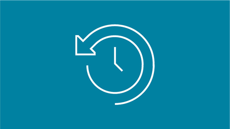 White icon of a clock with a half circle counter clockwise arrow, on a blue background