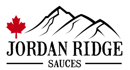 Jordan Ridge Sauces logo, three mountain peak outlines with a red maple leaf on the right