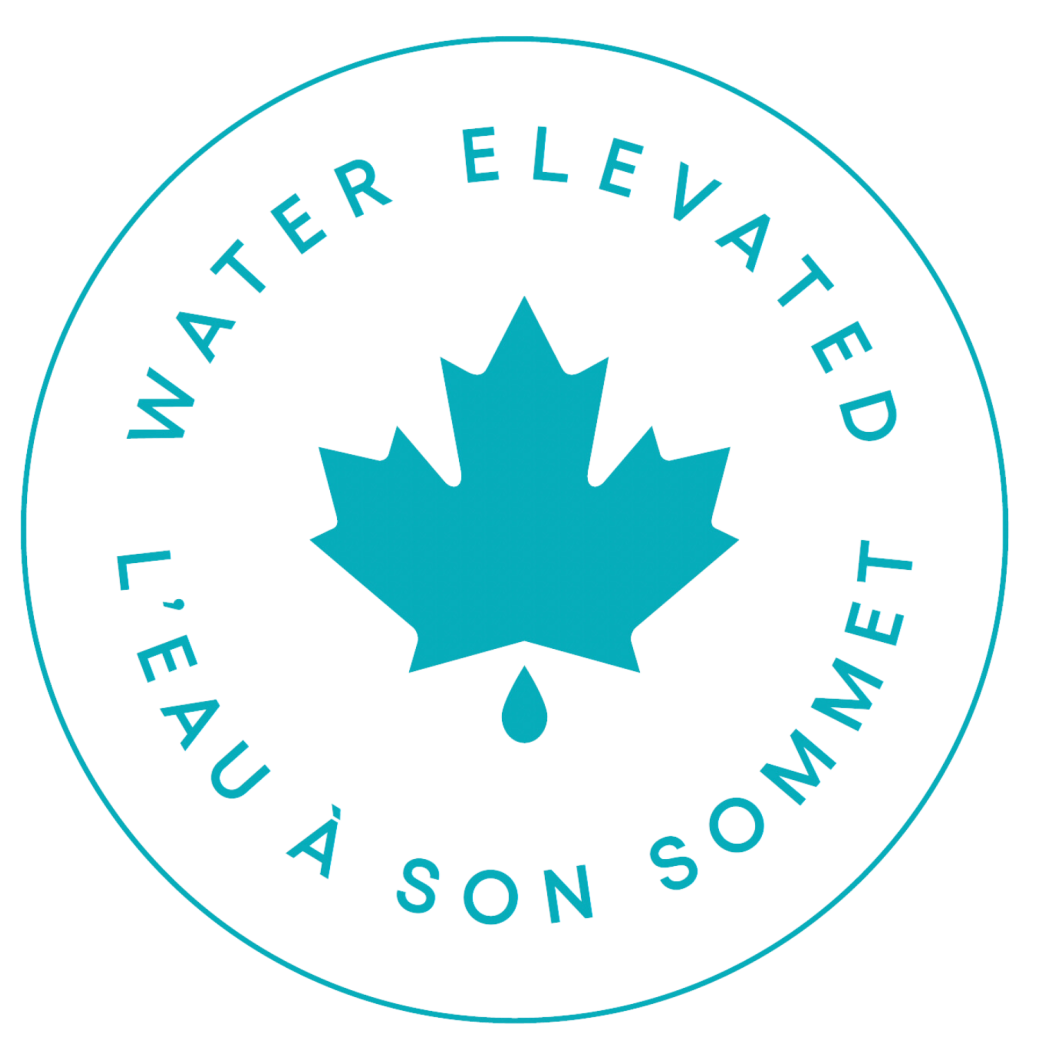 NORTH Water Logo, a white circle with a blue maple leaf at the centre. Along the upper edge of the circle above the leaf is the text: “Water Elevated”. Below the leaf along the lower edge of the circle is the following French text: “L’Eau à Son Sommet”.