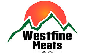 Logo for Westfine Meats featuring a sun behind green mountain peaks.