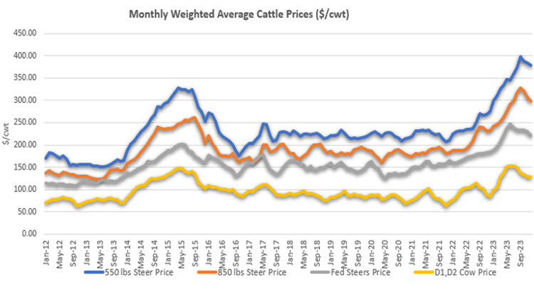 Blue orange, grey and yellow line chart: Monthly weighted average cattle prices $/cwt)