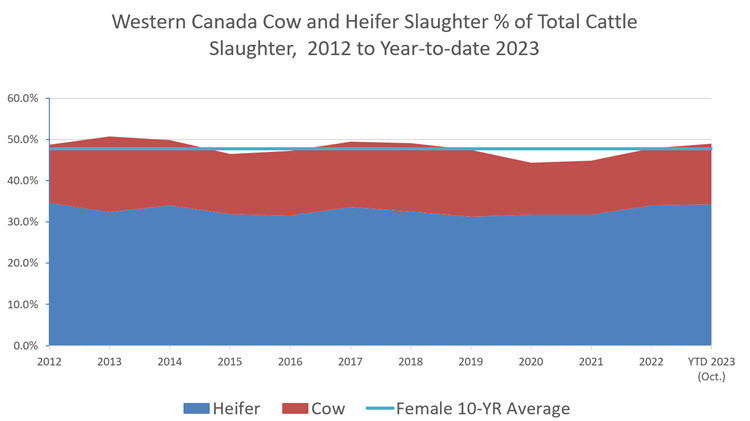 Chart with blue (Heifer) on the bottom and red (cow) on top and a light blue line (Female 10-yr average): Western Canada Cow and Heifer Slaughter % of Total Cattle Slaughter, 2012 to year-to-date 2023