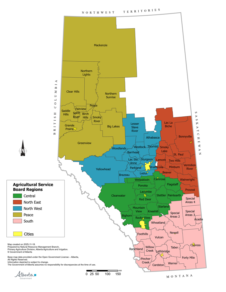 Map of Alberta showing the different Agriculture Service Board Regions