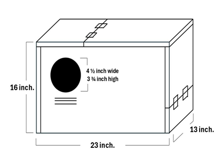 Recommended measurements of a barn owl nesting box, including 16 inch height, 23 inch width, 13 inch depth and 4 and a half inch wide by 3 and 3 quarters inch high entering hole.