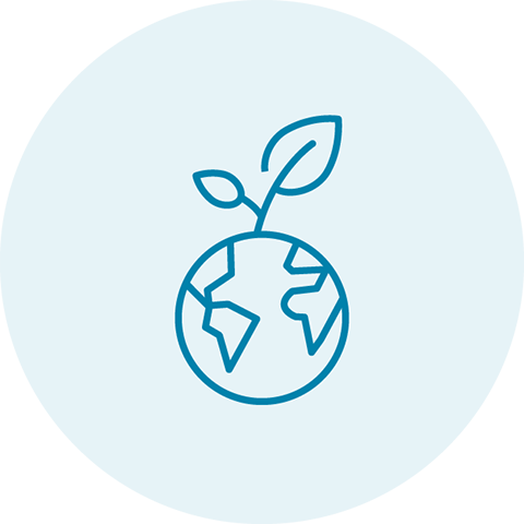 Light blue circle with a blue icon of the  earth with a plant sprouting out of the top