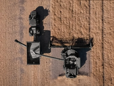 Aerial photo of a combine harvesting a crop and using an auger to fill a grain cart pulled by a tractor.