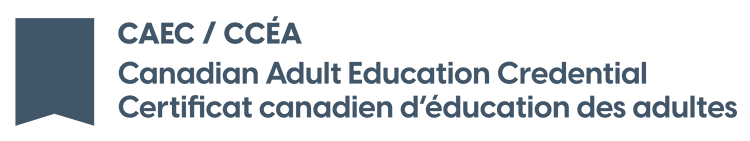 Logo: bookmark icon with text: CAEC / CCEA Canadian Adult Education Credential / Certificat canadien d'education des adultes