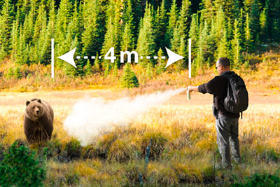 Man with backpack spraying a can of bear spray at grizzly bear that is four metres ahead of him.