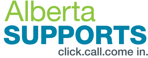 Logo that says Alberta Supports. Call. Click. Come in.