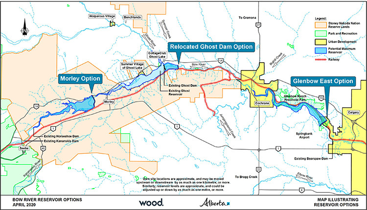 Map of Bow River reservoir options: Morley, Relocated Ghost Dam and Glenbow East.