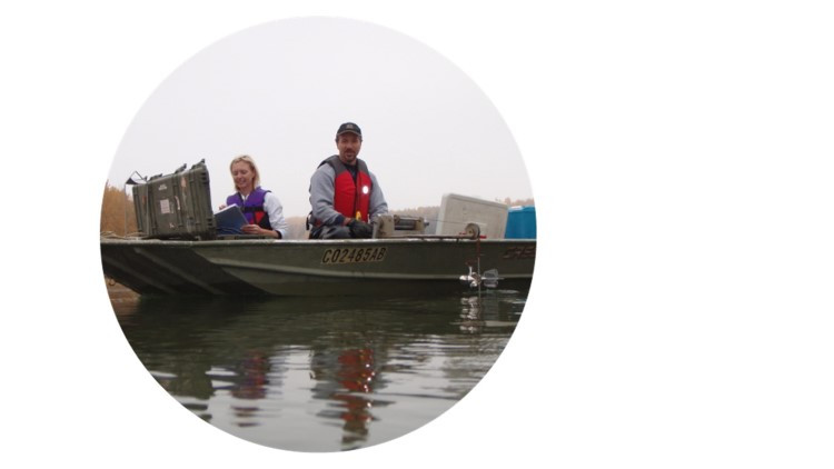 Photo of two scientists in a boat on the water