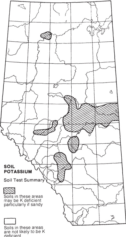 Map of Alberta showing area that are more susceptible to having Potassium deficient soils