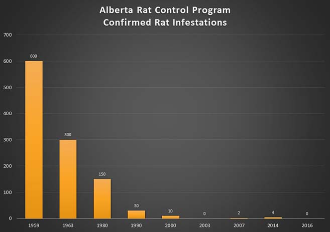 Graph of Alberta Rat Control Program Confirmed Rat Infestations.