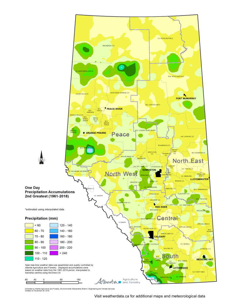 Map of Alberta one day precipitation accumulation second greatest 1961 to 2018. 