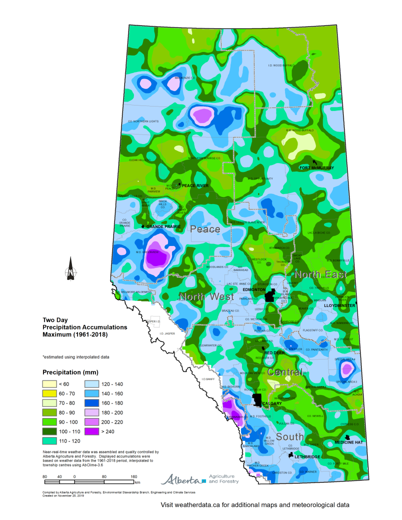 Map of Alberta two day precipitation accumulations maximum 1961 to 2018.