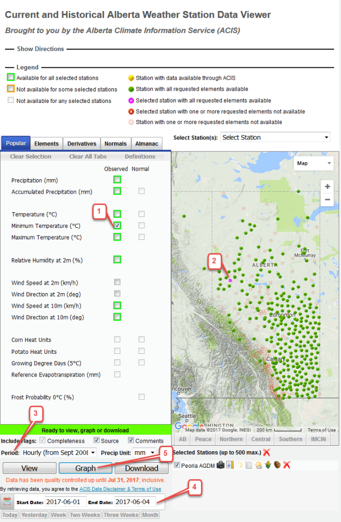 Current and historical Alberta weather station data viewer image map and layers from the Alberta Climate Information Service ACIS.