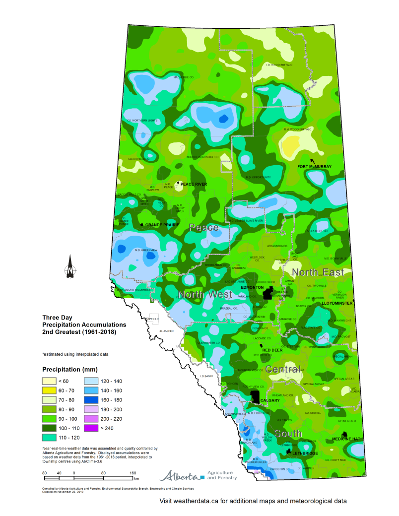 Map of Alberta three day precipitation accumulations second greatest 1961 to 2018.