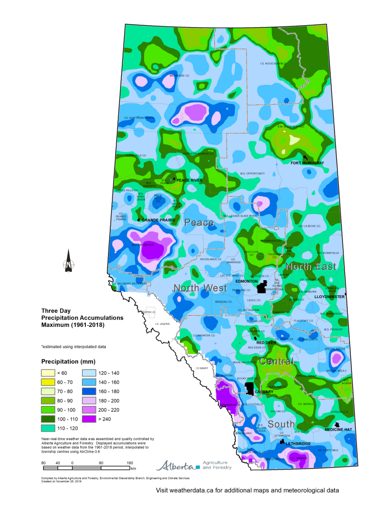 Map of Alberta three day precipitation accumulation maximum 1961 to 2018.
