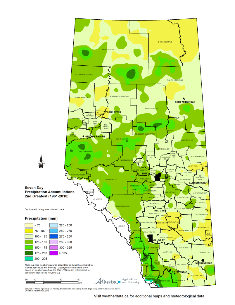 Map of Alberta seven day precipitation accumulations second greatest 1961 to 2018.