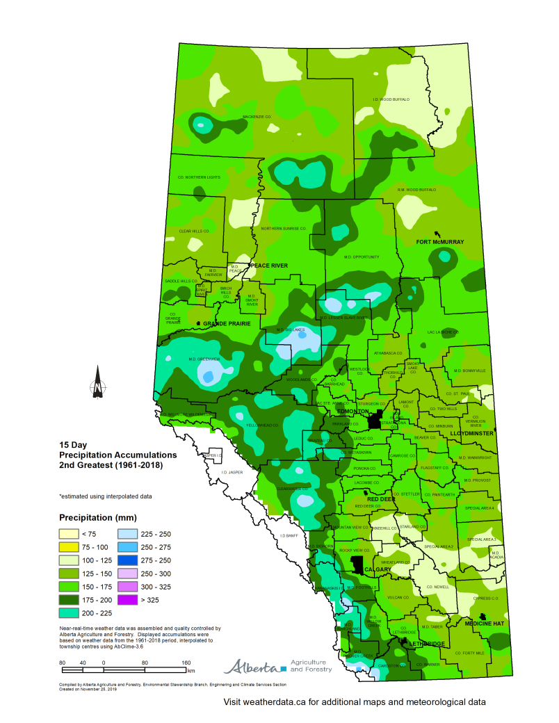 Map of Alberta fifteen day precipitation accumulations second greatest 1961 to 2018.