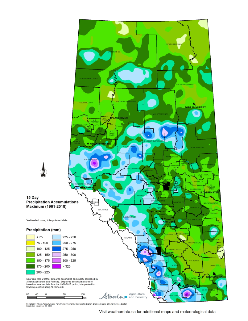 Map of Alberta fifteen day precipitation accumulation maximums 1961 to 2018.