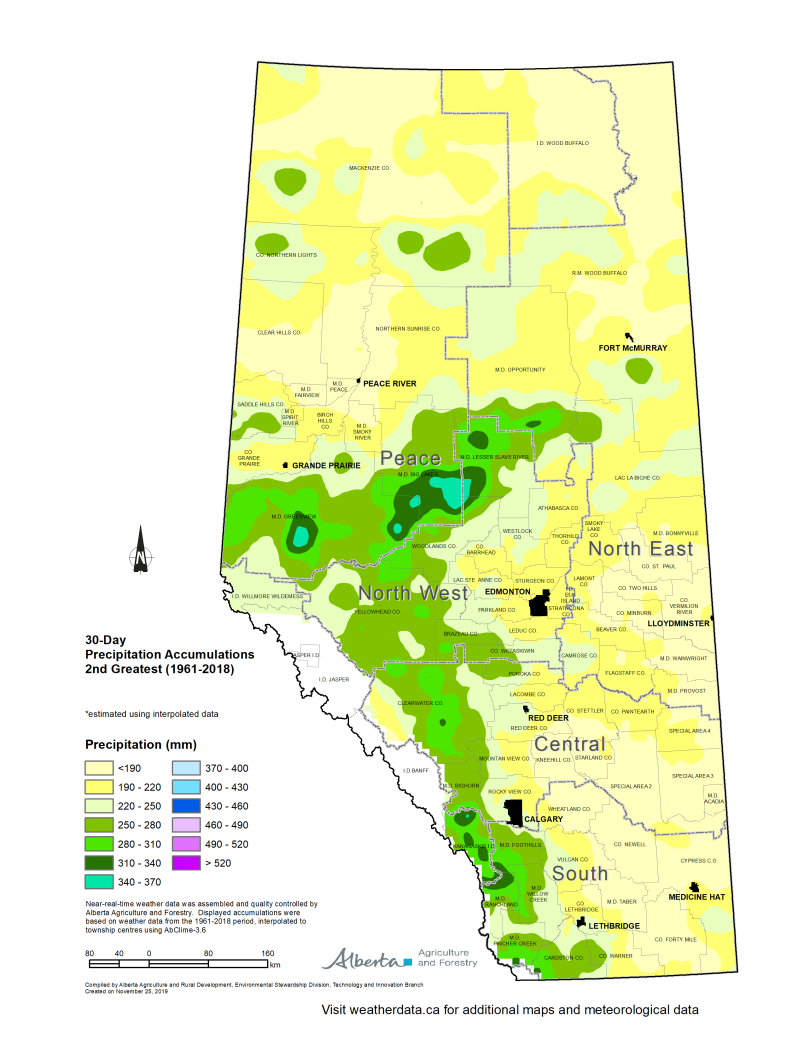 Map of Alberta thirty day precipitation accumulations maximum 1961 to 2018.