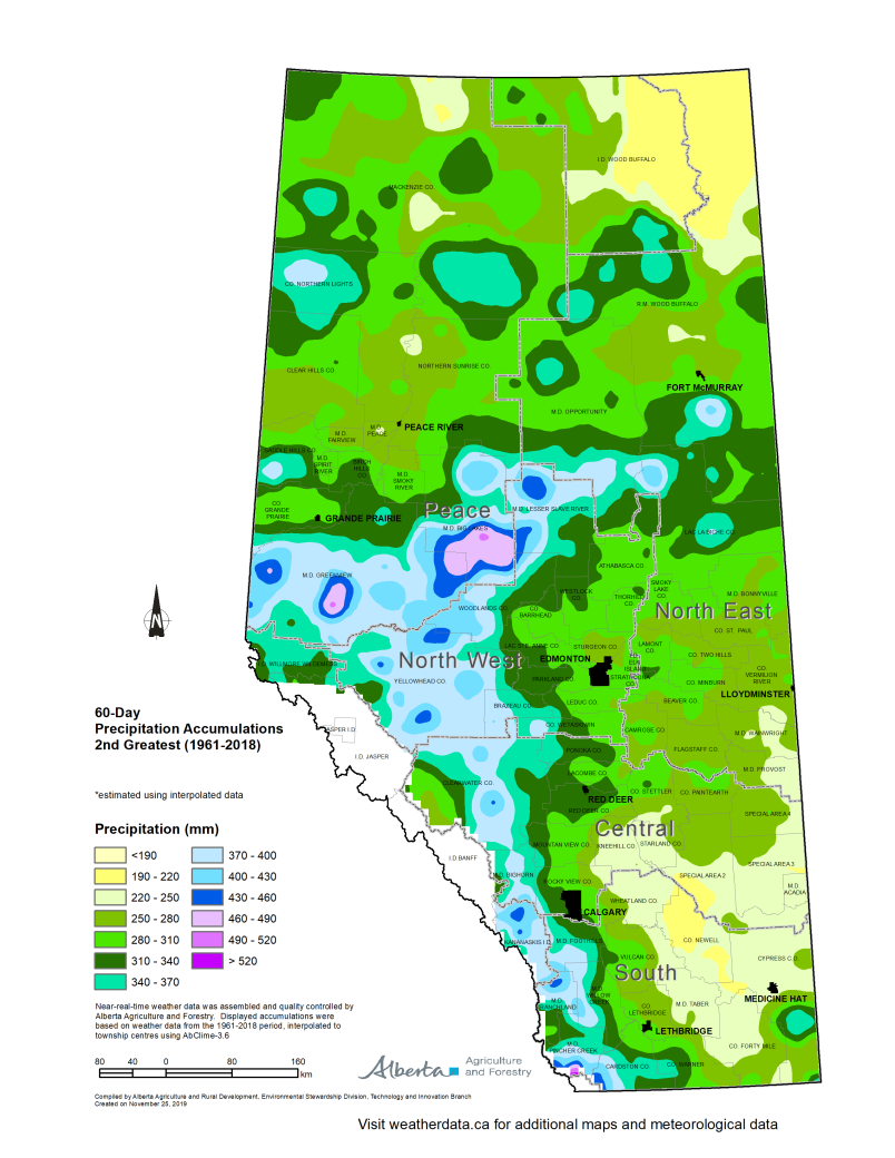 Map of Alberta sixty day precipitation accumulations second greatest 1961 to 2018.