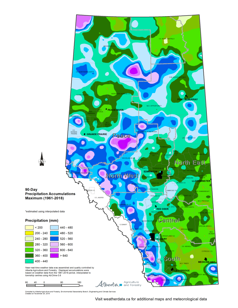 Map of Alberta ninety day precipitation accumulations maximum 1961 to 2018.