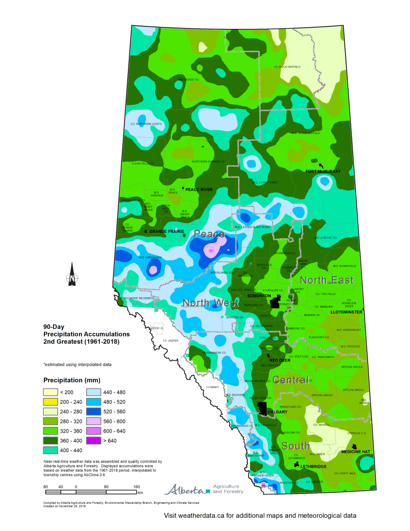 Map of Alberta ninety day precipitation accumulation second greatest 1961 to 2018.