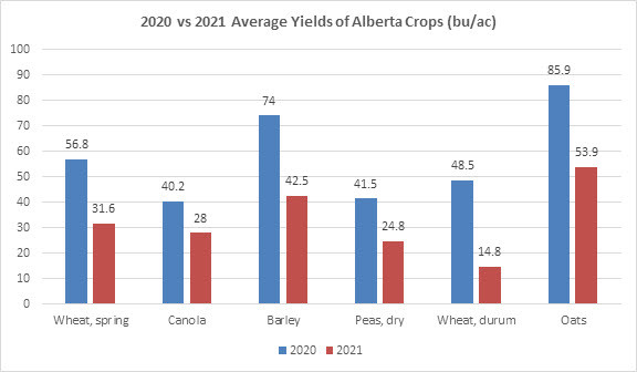 Image of a graph of the 2020 vs 2021 avarage yields of Alberta crops (bu/ac)