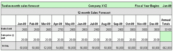 Chart showing twelve-month sales forecast worksheet