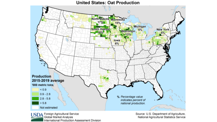 Map showing United States barley production 5 year average from 2012 to 2016.