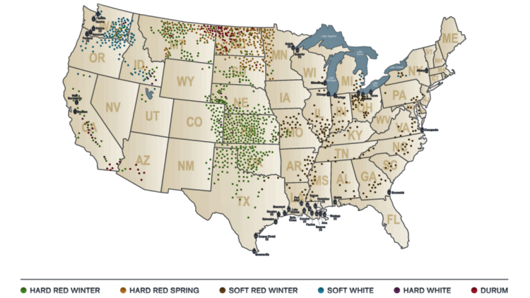 Map showing wheat production areas in the United States.