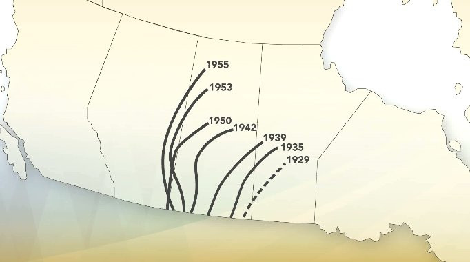 Map showing the movement of the Norway rat across the prairies.