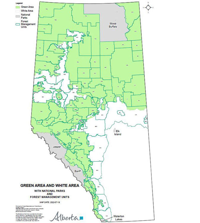Green area and white area map with national parks and forest management units