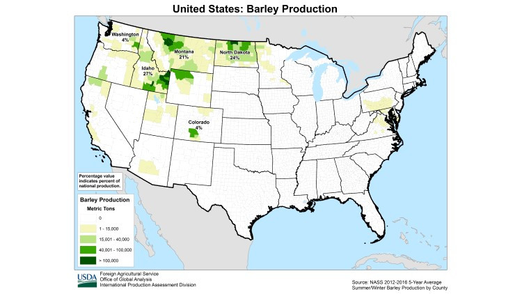 Map showing United States barley production 5 year average from 2012 to 2016.