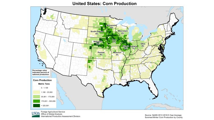 Map showing United States corn production 5 year average from 2012 to 2016.