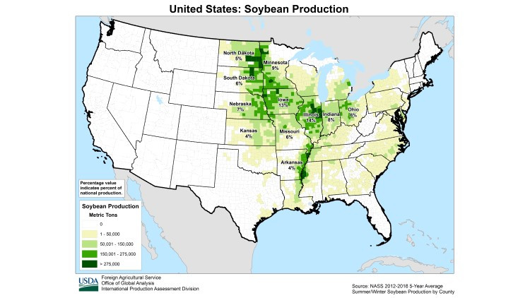 Map showing United States soybean production 5 year average from 2012 to 2016.