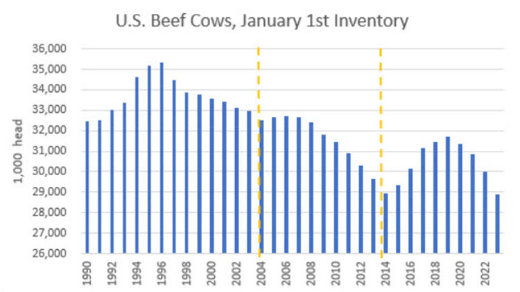 U.S. Beef Cows, January 1st Inventory - blue bar graph