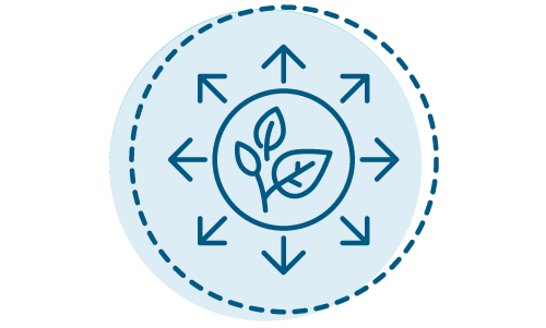 Icon of a plant in a circle with arrows expanding out away from the circle.