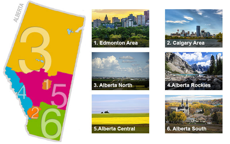 1. Edmonton Area 2. Calgary Area 3. Alberta North 4. Alberta Rockies 5. Alberta Central 6. Alberta South
