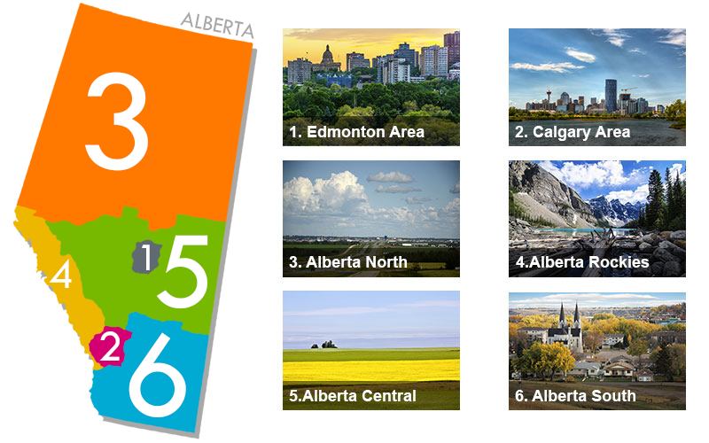 Map of Alberta showing 6 different regions - Edmonton area, Calgary area, Alberta North, Alberta Rockies, Alberta Central and Alberta South.