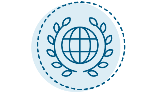 Blue circle with dotted lines with a globe outline and leaves in the middle